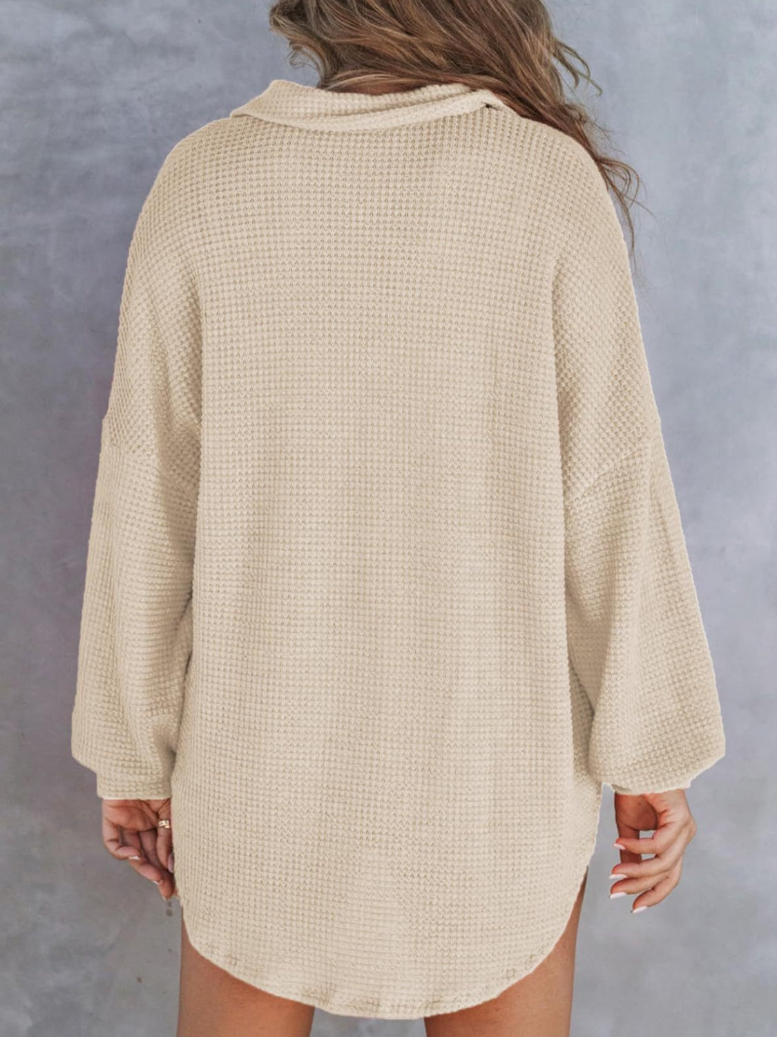 Waffle-Knit Button-Detail Long Sleeve Sweatshirt with Pocket