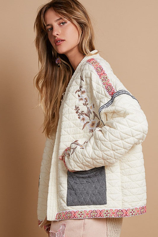 Embroidered Open Front Long Sleeve Chic Jacket