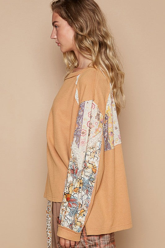 Lace-Accent Waffle-Knit Round Neck Top