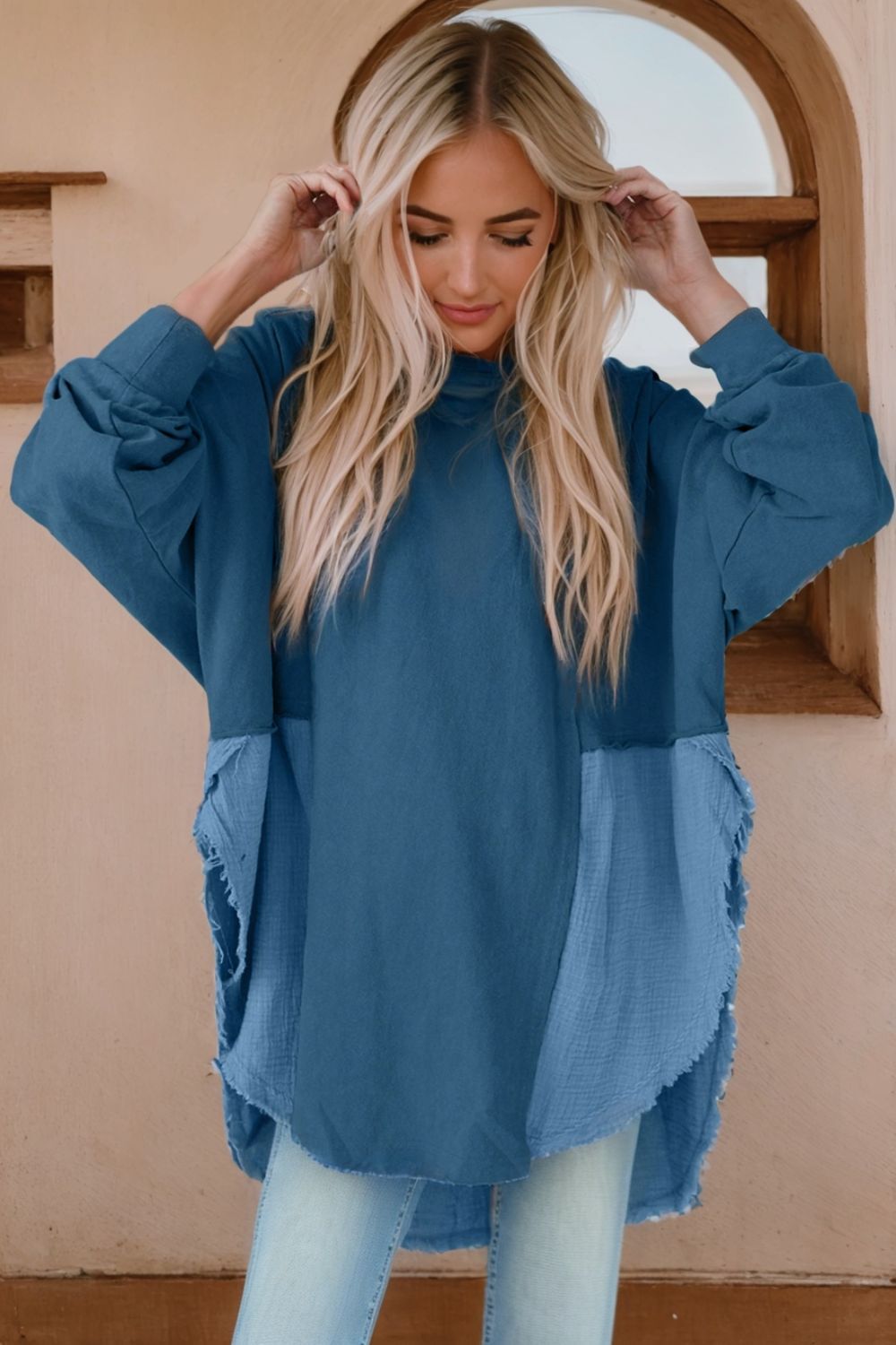 Textured Contrast Long Sleeve Round Neck Top
