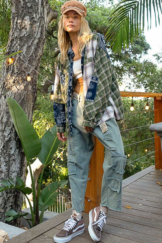 Plaid Patchwork Button-Up Shirt