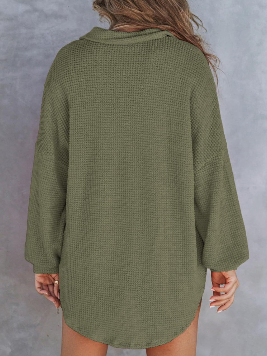 Waffle-Knit Button-Detail Long Sleeve Sweatshirt with Pocket