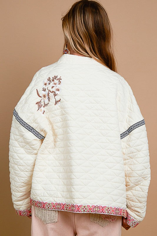 Embroidered Open Front Long Sleeve Chic Jacket