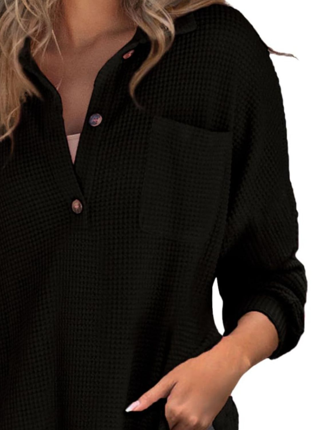 Waffle-Knit Button-Detail Long Sleeve Sweatshirt with Pocket
