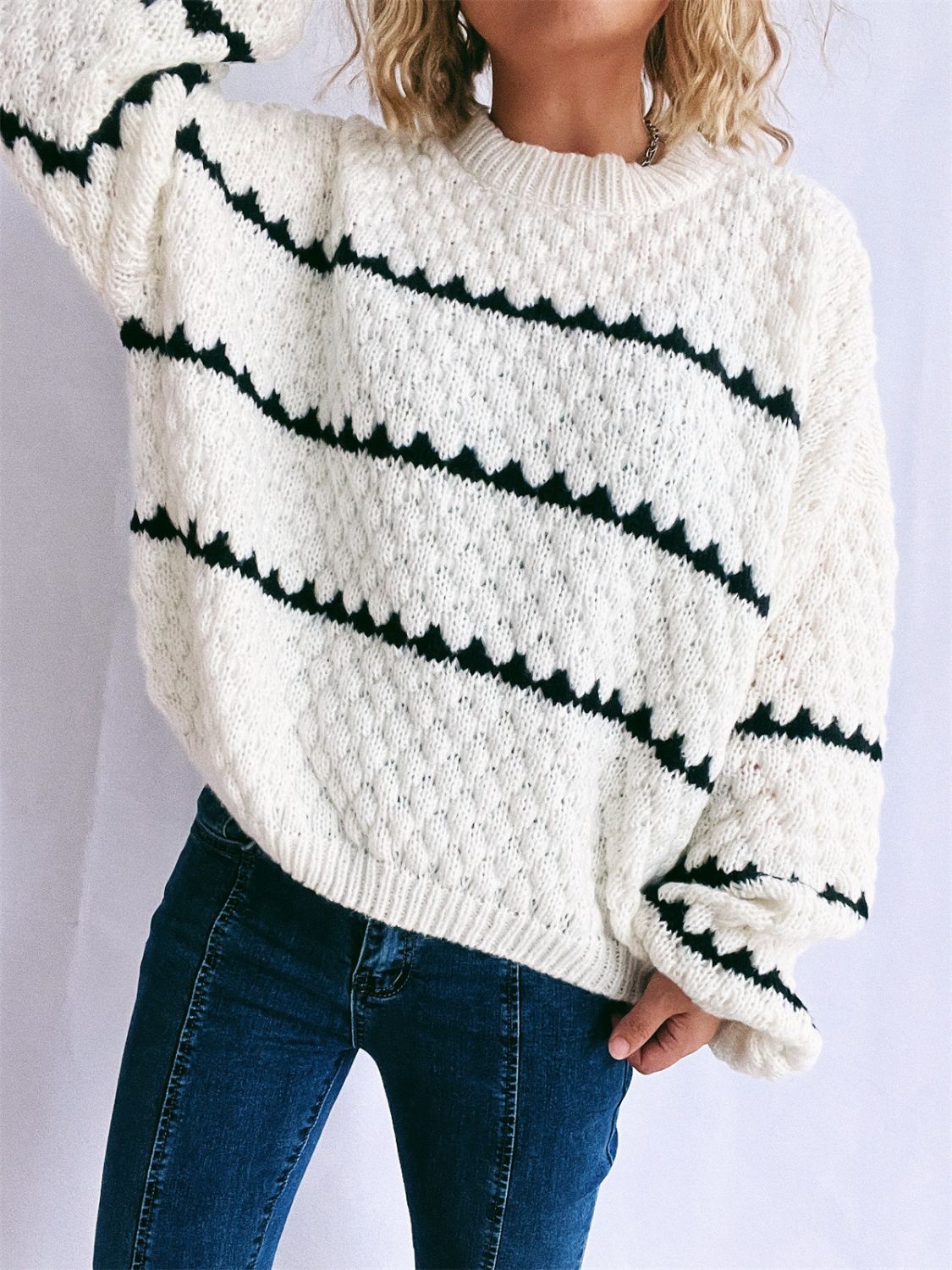 Striped Round Neck Long Sleeve Knit Sweater