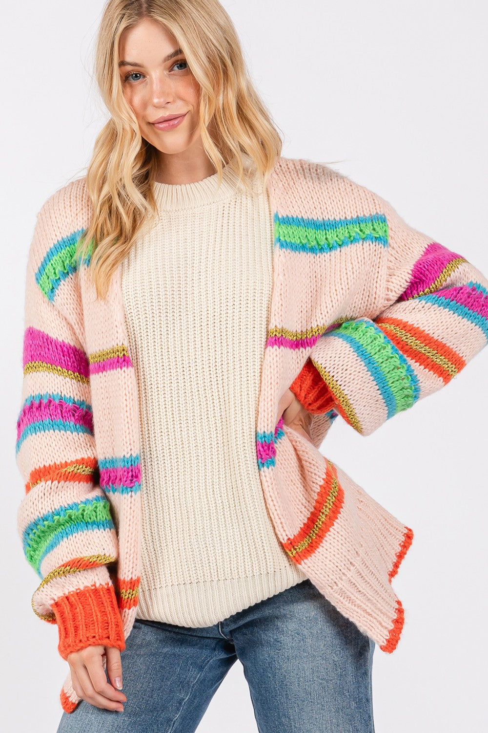 Rainbow Striped Oversized Knit Cardigan with Open Front Design