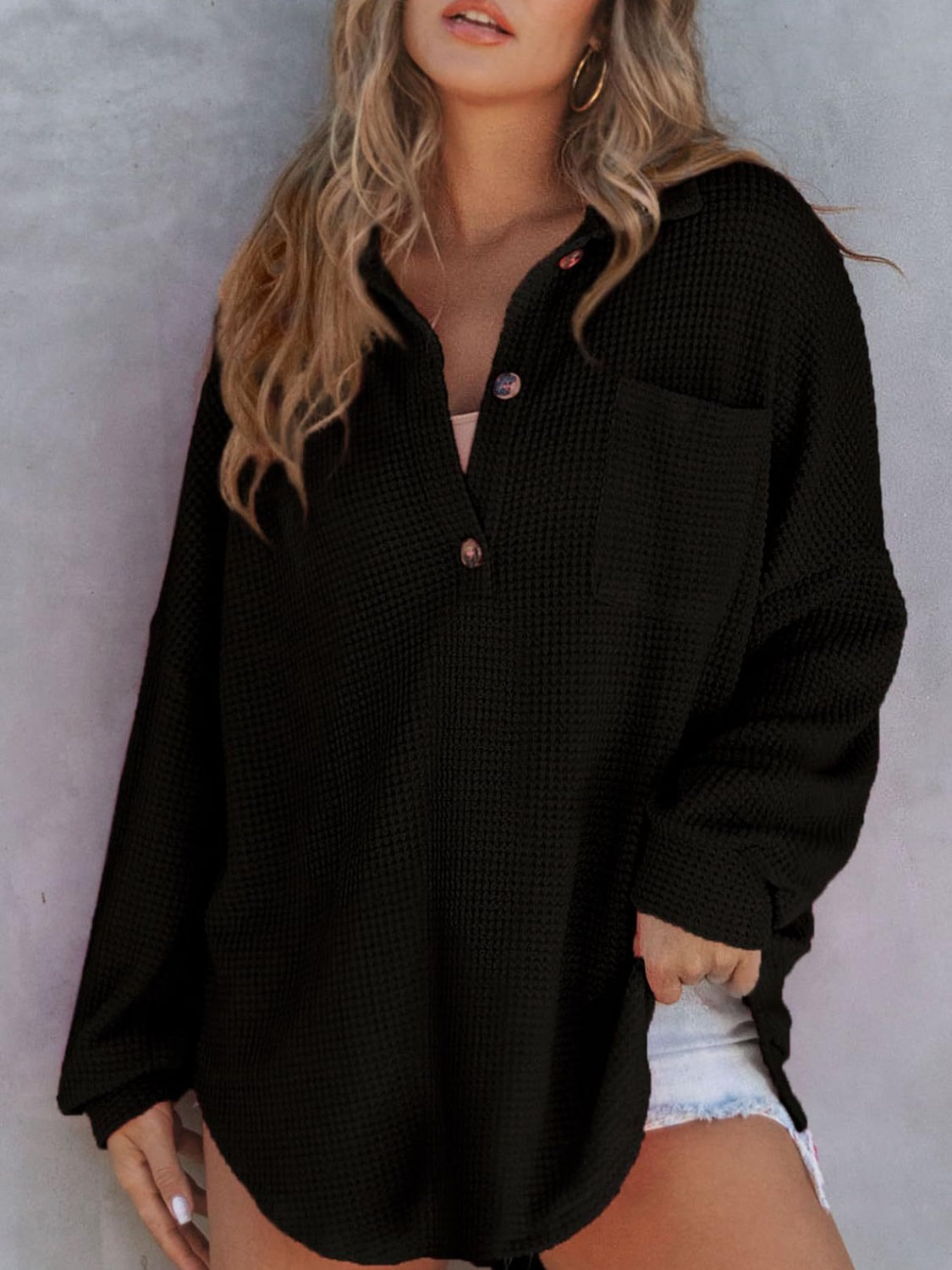 Waffle-Knit Button-Detail Long Sleeve Sweatshirt with Pocket