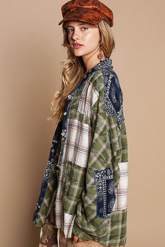 Plaid Patchwork Button-Up Shirt