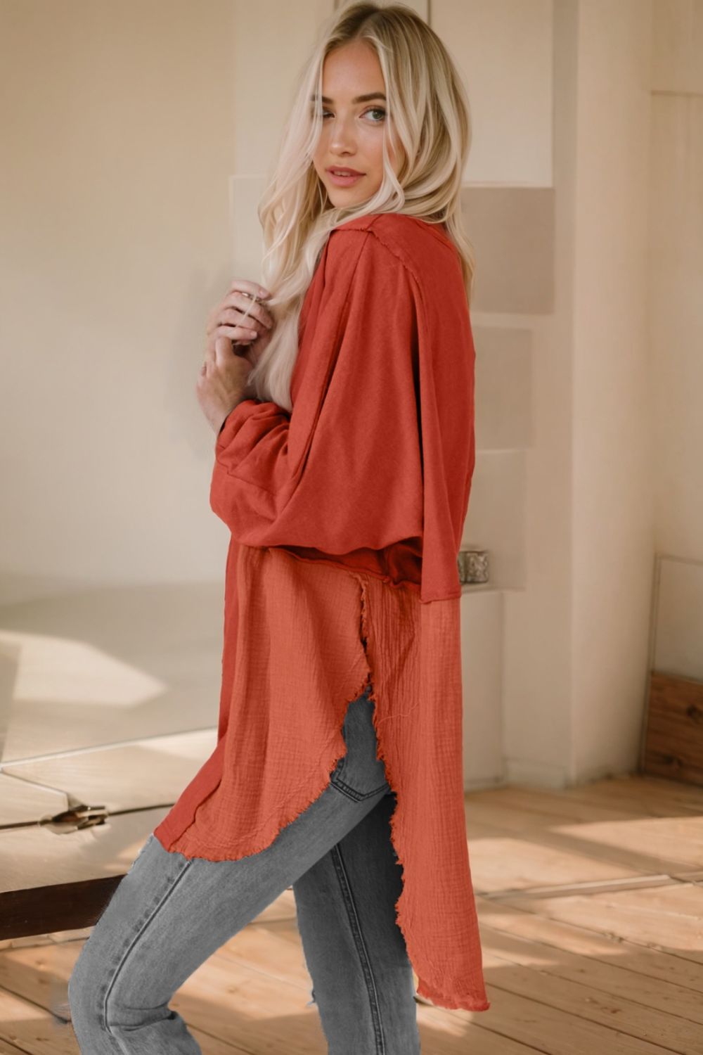 Textured Contrast Long Sleeve Round Neck Top