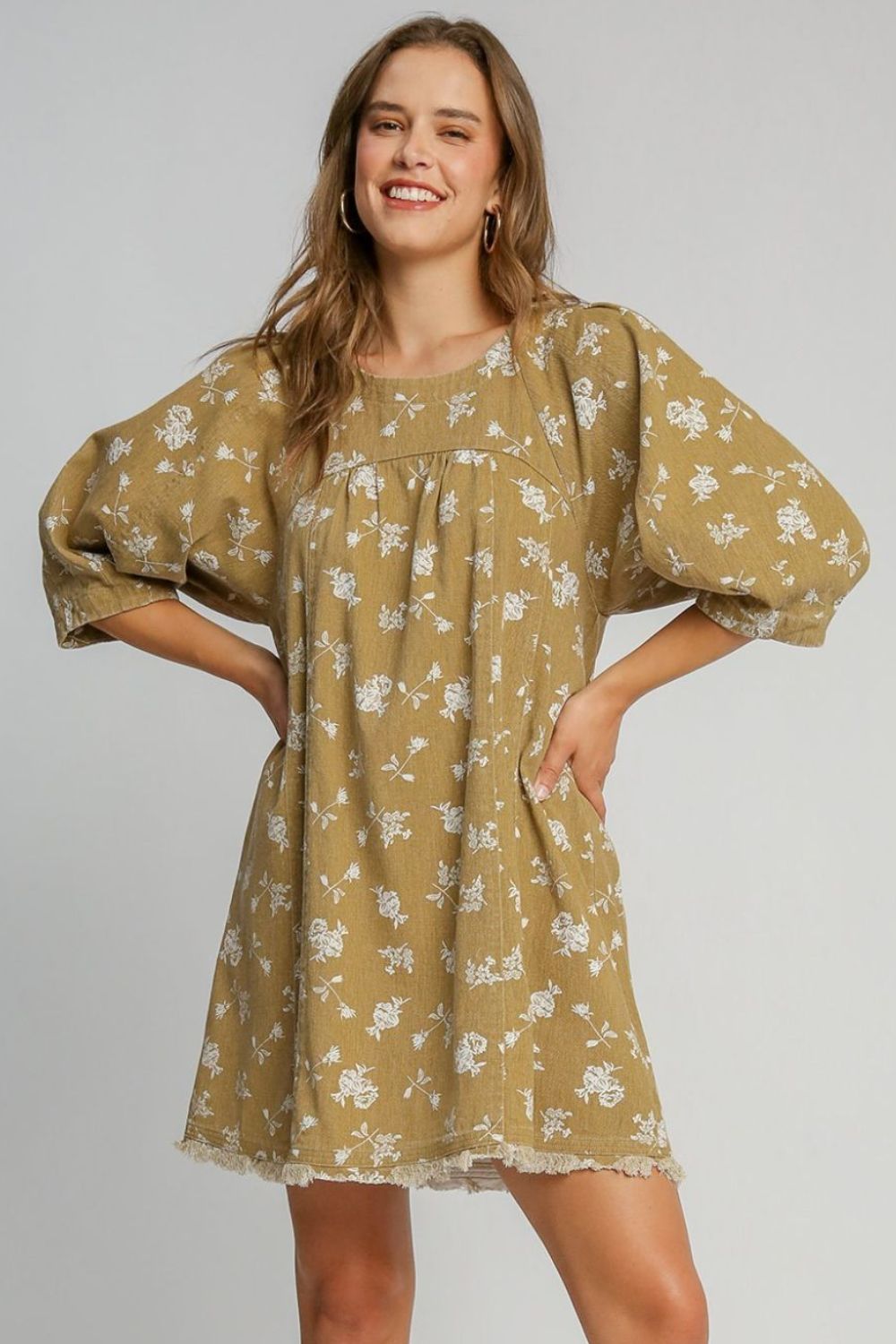 Floral Accent Raw Hem Denim Dress with Round Neck