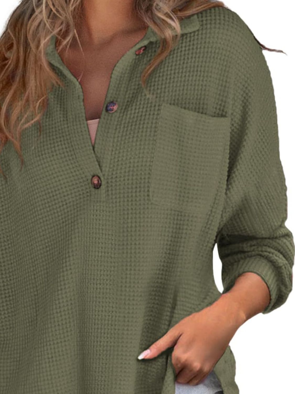 Waffle-Knit Button-Detail Long Sleeve Sweatshirt with Pocket