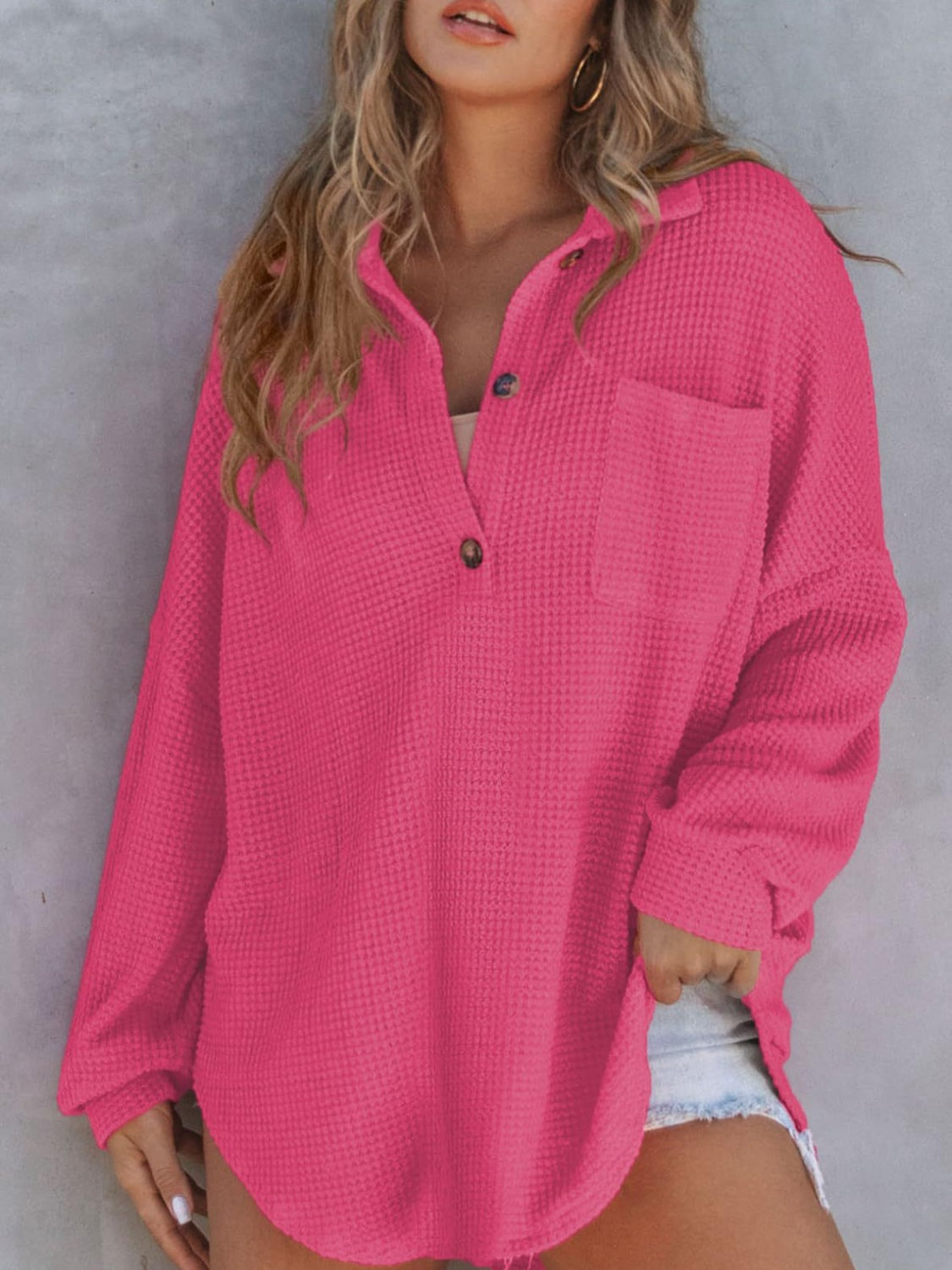 Waffle-Knit Button-Detail Long Sleeve Sweatshirt with Pocket