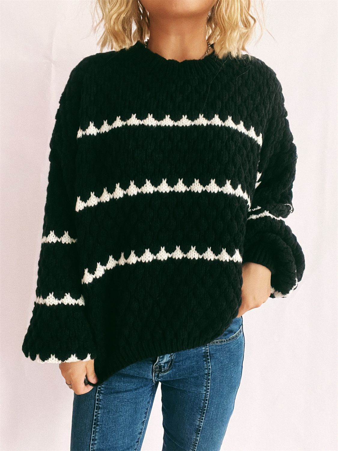 Striped Round Neck Long Sleeve Knit Sweater