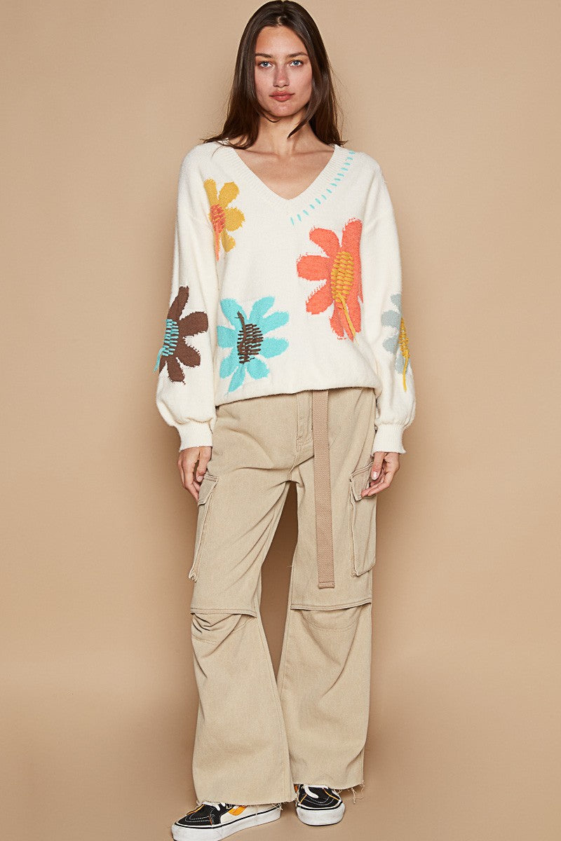 Floral Fringe V-Neck Long Sleeve Knit Sweater