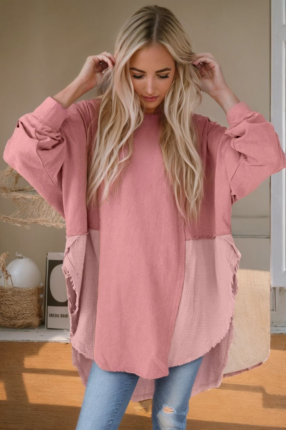 Textured Contrast Long Sleeve Round Neck Top