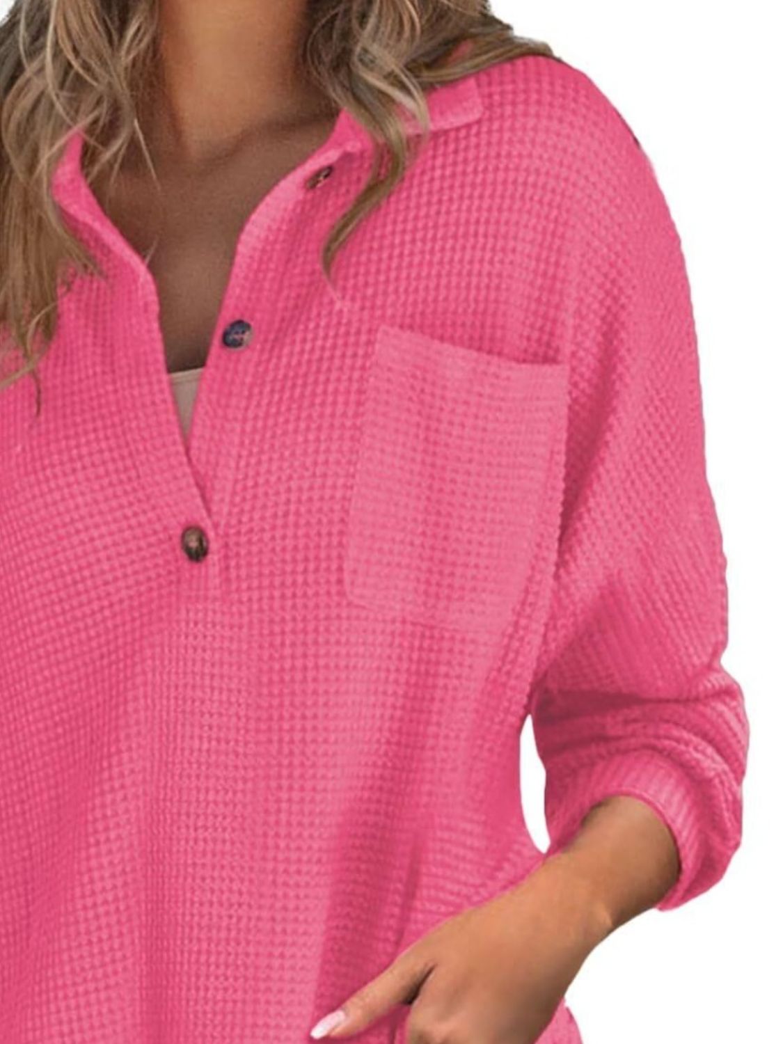 Waffle-Knit Button-Detail Long Sleeve Sweatshirt with Pocket