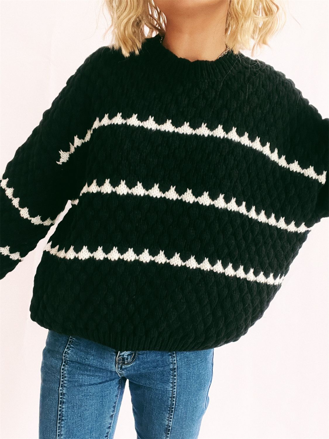 Striped Round Neck Long Sleeve Knit Sweater