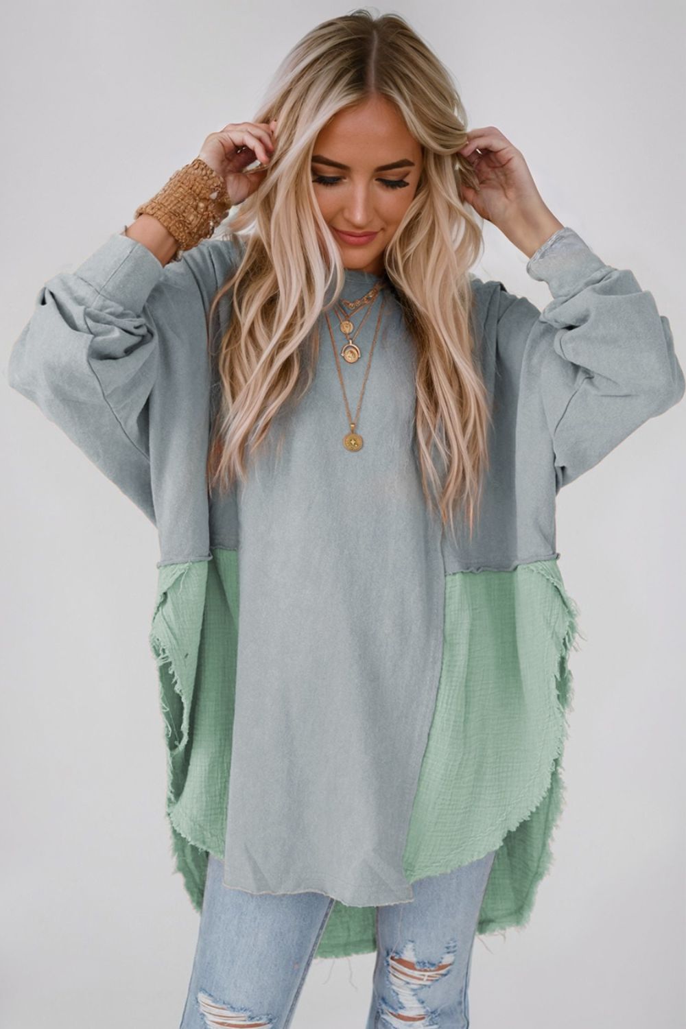 Textured Contrast Long Sleeve Round Neck Top