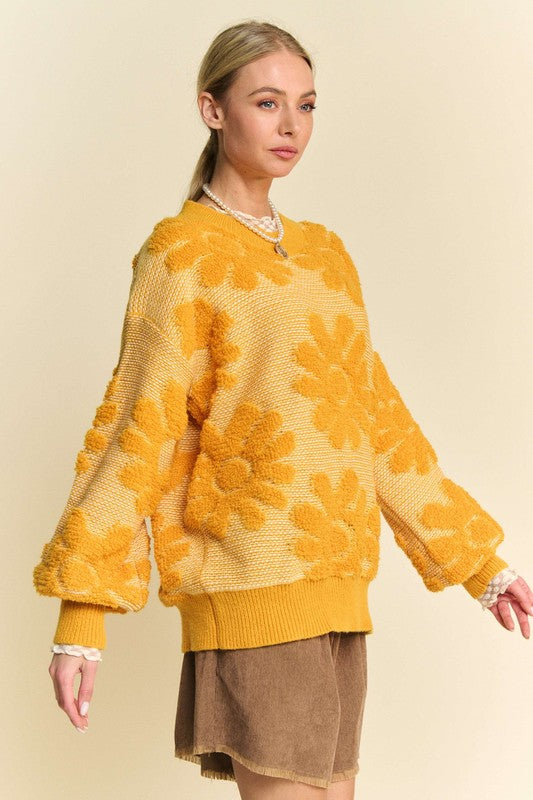 Floral Textured Relaxed Fit Sweater with Dropped Shoulders