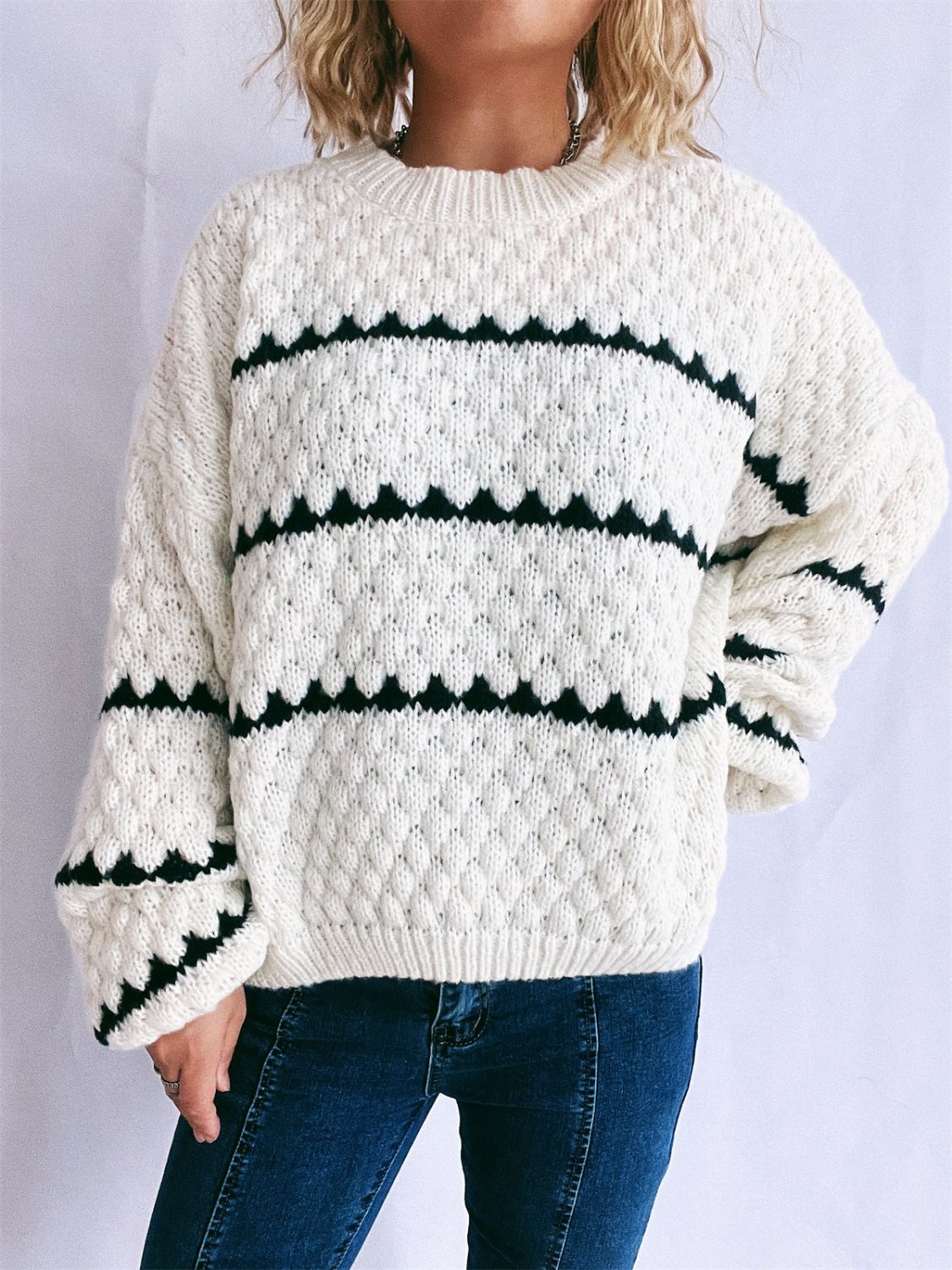 Striped Round Neck Long Sleeve Knit Sweater