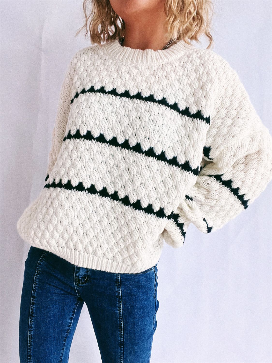 Striped Round Neck Long Sleeve Knit Sweater