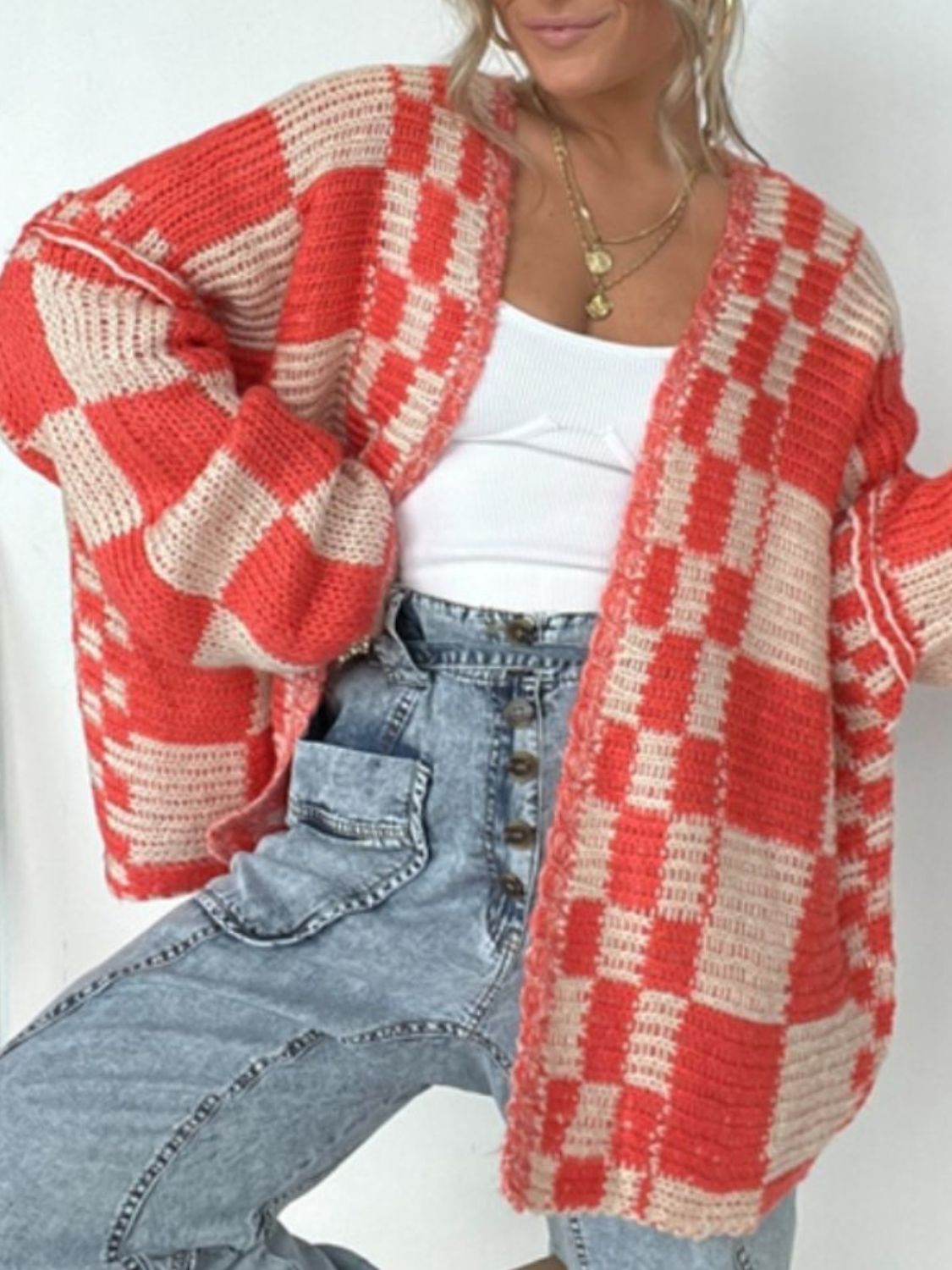 Plaid Long Sleeve Cardigan with Open Front