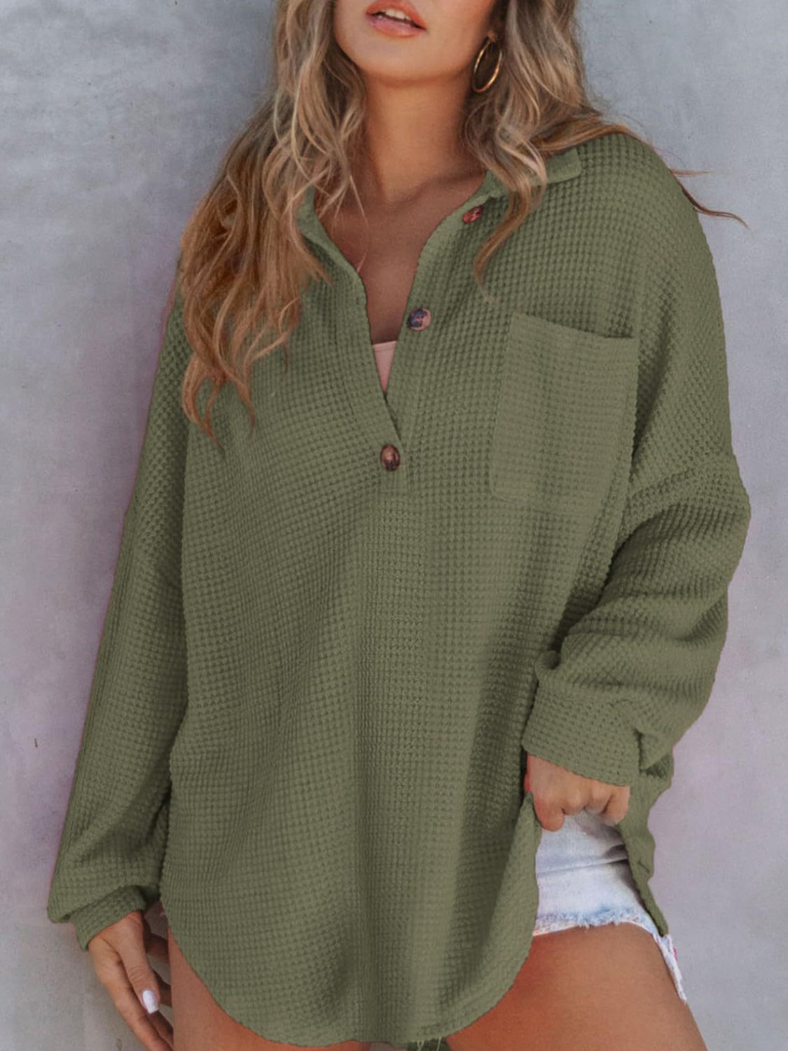 Waffle-Knit Button-Detail Long Sleeve Sweatshirt with Pocket