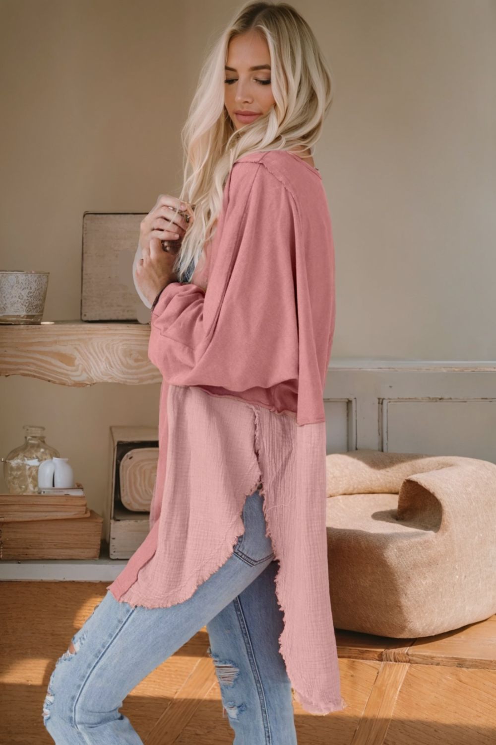 Textured Contrast Long Sleeve Round Neck Top