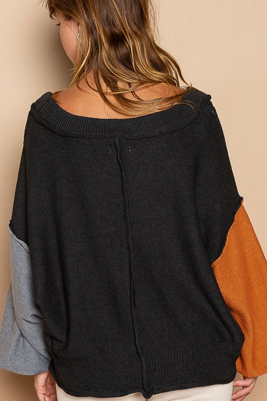Color Block V Neck Sweater with Exposed Seams and Roll Edge Finish
