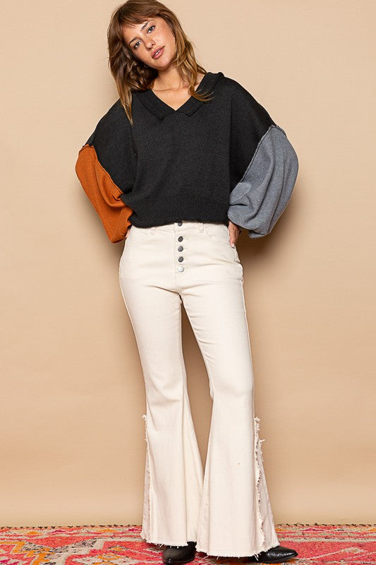 Color Block V Neck Sweater with Exposed Seams and Roll Edge Finish