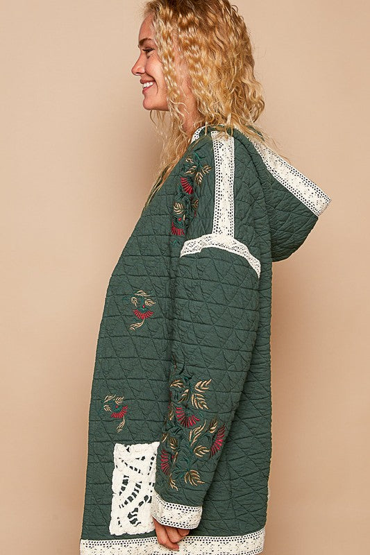 Chic Embroidered Open Front Quilted Jacket with Crochet Detail Pockets