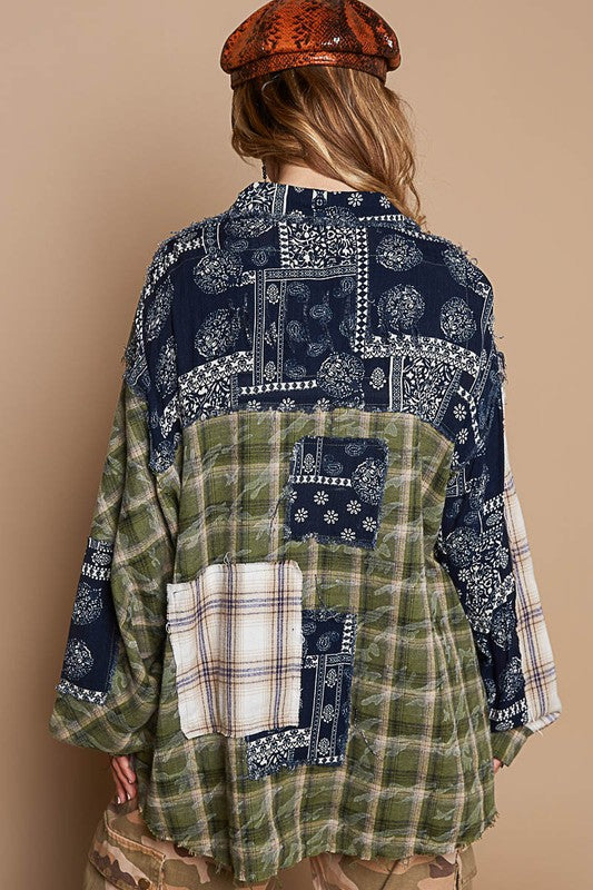 Plaid Patchwork Button-Up Shirt