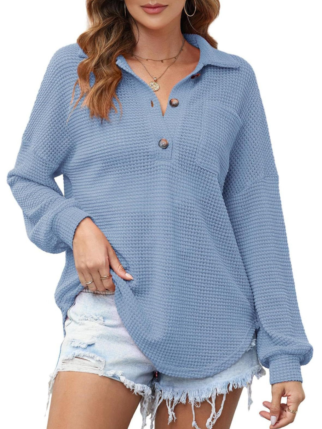 Waffle-Knit Button-Detail Long Sleeve Sweatshirt with Pocket