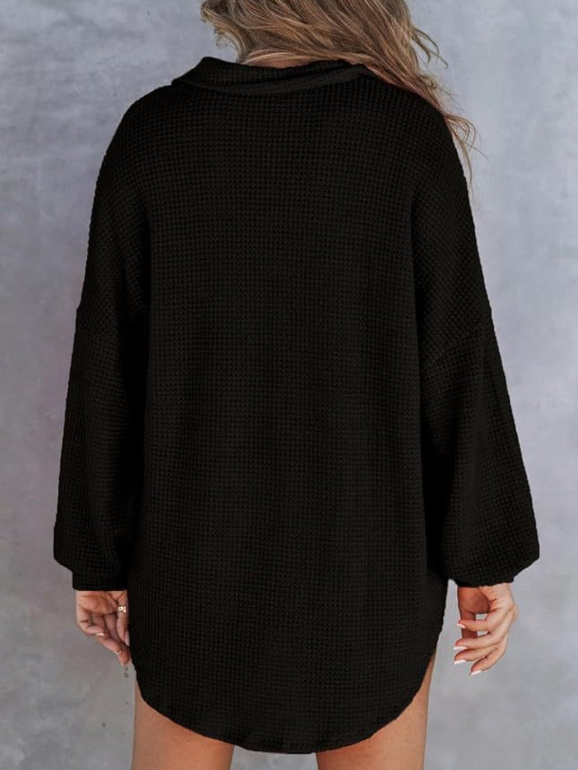 Waffle-Knit Button-Detail Long Sleeve Sweatshirt with Pocket