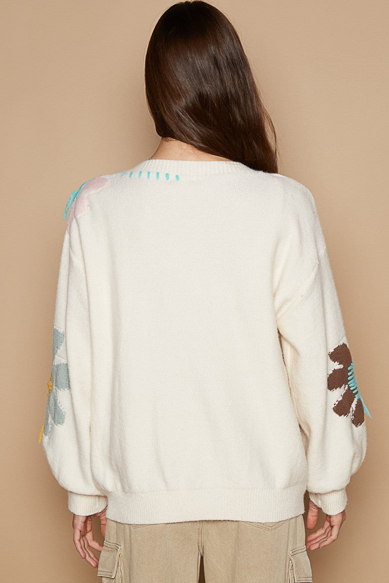 Floral Fringe V-Neck Long Sleeve Knit Sweater