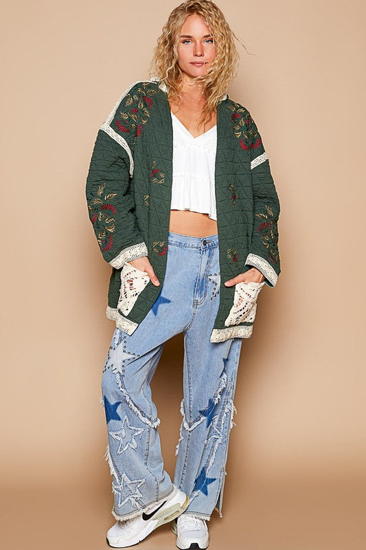 Chic Embroidered Open Front Quilted Jacket with Crochet Detail Pockets