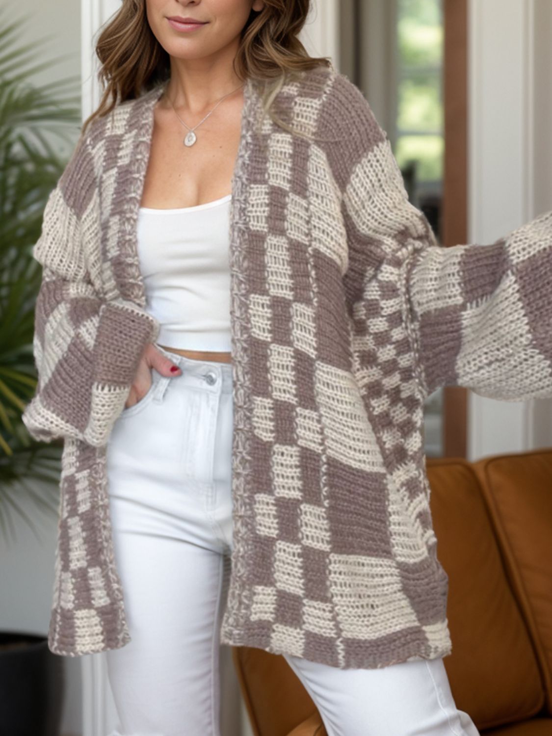 Plaid Long Sleeve Cardigan with Open Front