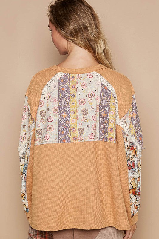 Lace-Accent Waffle-Knit Round Neck Top