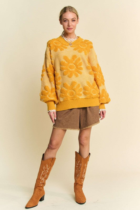 Floral Textured Relaxed Fit Sweater with Dropped Shoulders