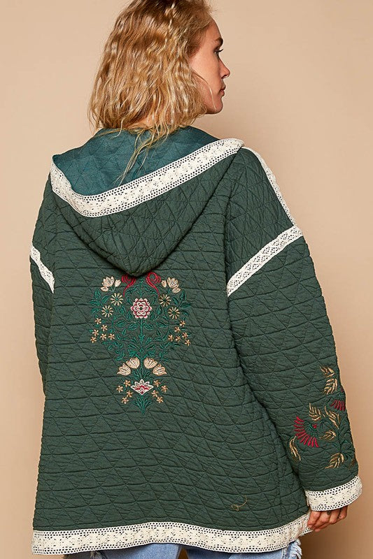 Chic Embroidered Open Front Quilted Jacket with Crochet Detail Pockets
