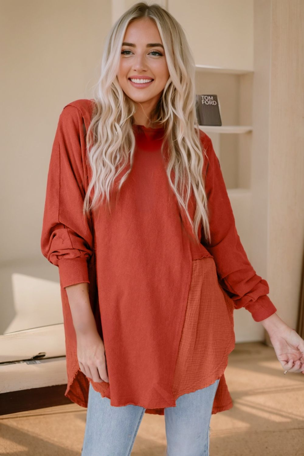 Textured Contrast Long Sleeve Round Neck Top