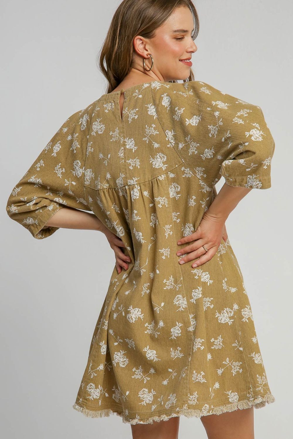 Floral Accent Raw Hem Denim Dress with Round Neck