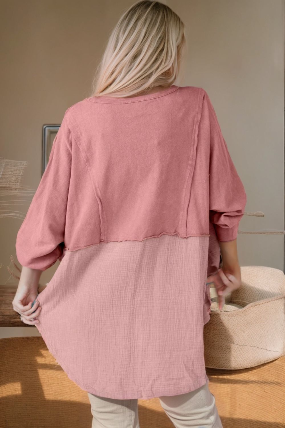 Textured Contrast Long Sleeve Round Neck Top
