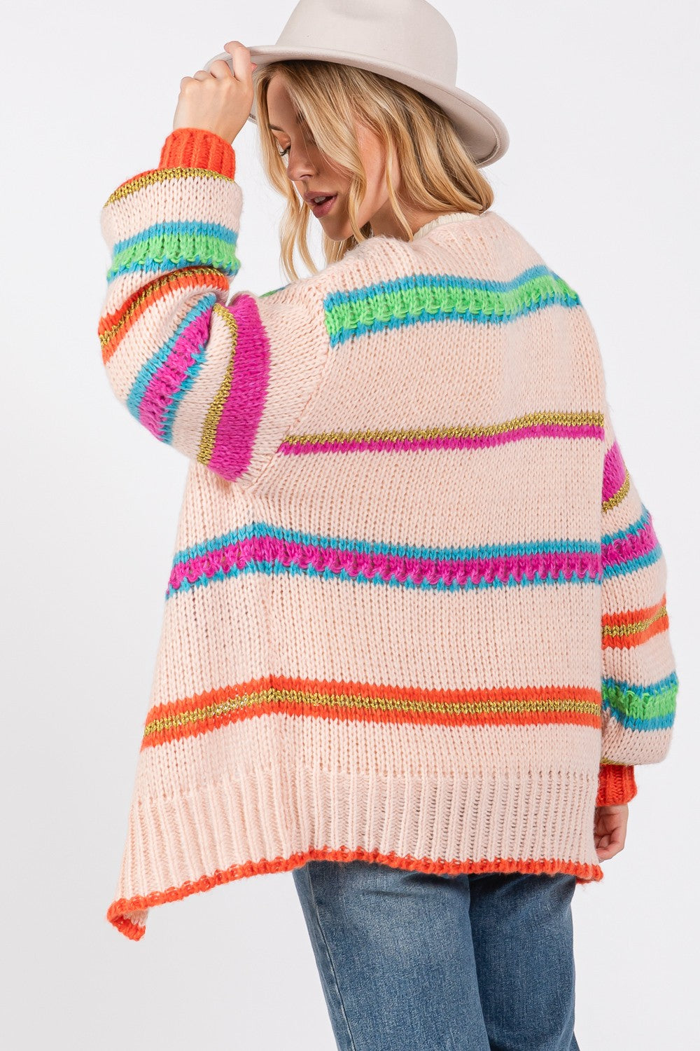 Rainbow Striped Oversized Knit Cardigan with Open Front Design
