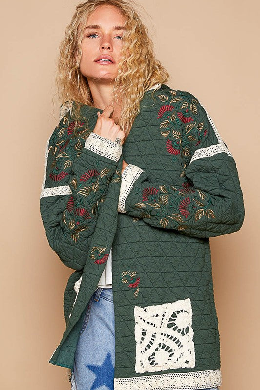 Chic Embroidered Open Front Quilted Jacket with Crochet Detail Pockets