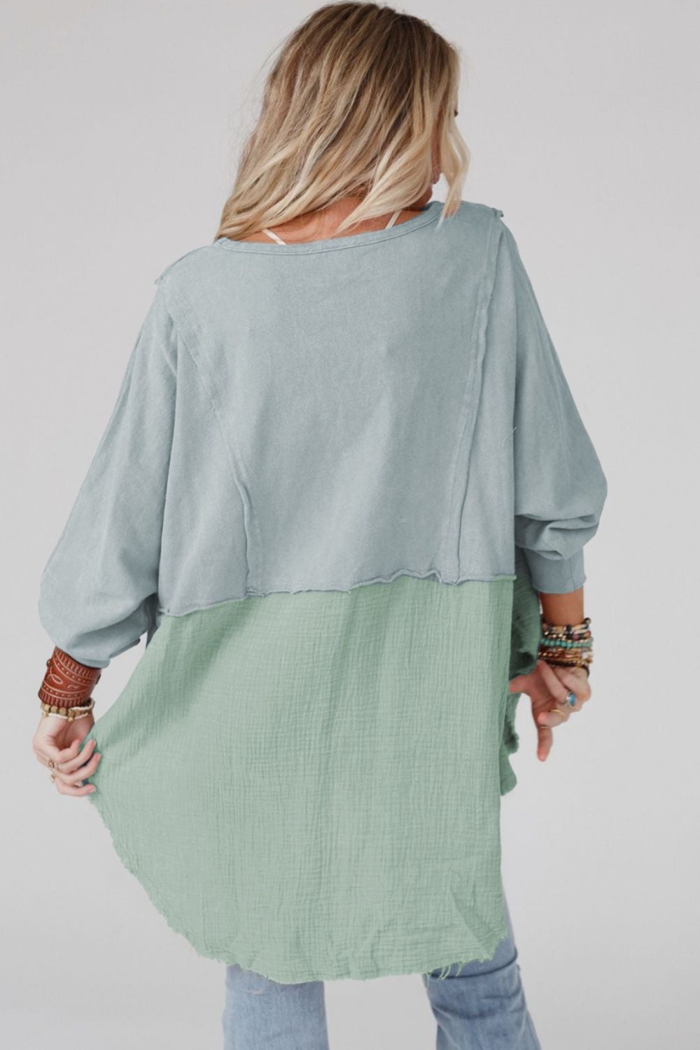 Textured Contrast Long Sleeve Round Neck Top