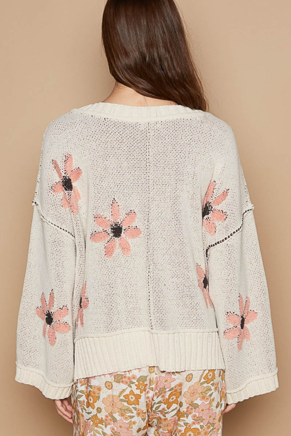 Vibrant V-Neck Chenille Sweater with Floral Accents