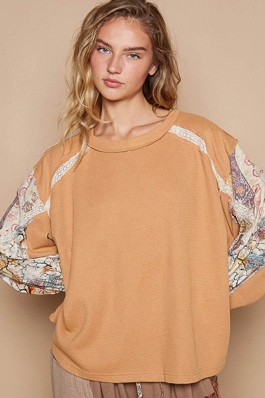 Lace-Accent Waffle-Knit Round Neck Top