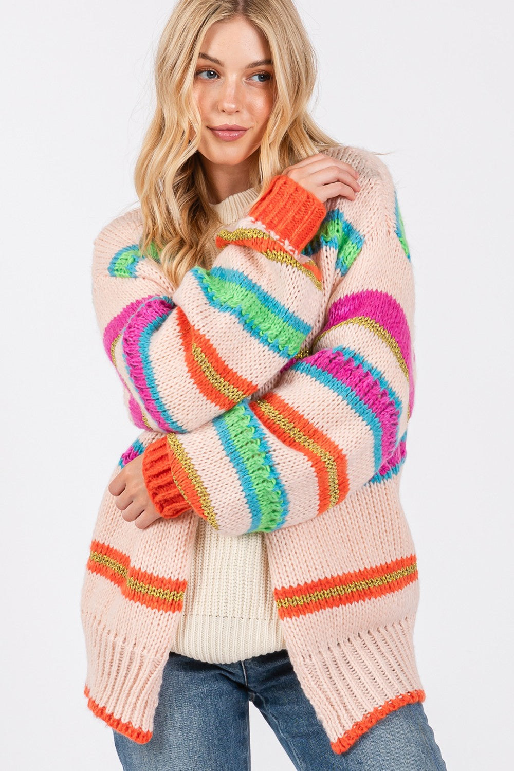 Rainbow Striped Oversized Knit Cardigan with Open Front Design