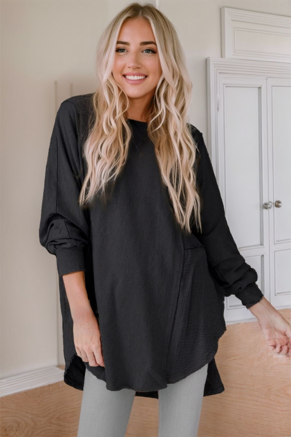 Textured Contrast Long Sleeve Round Neck Top